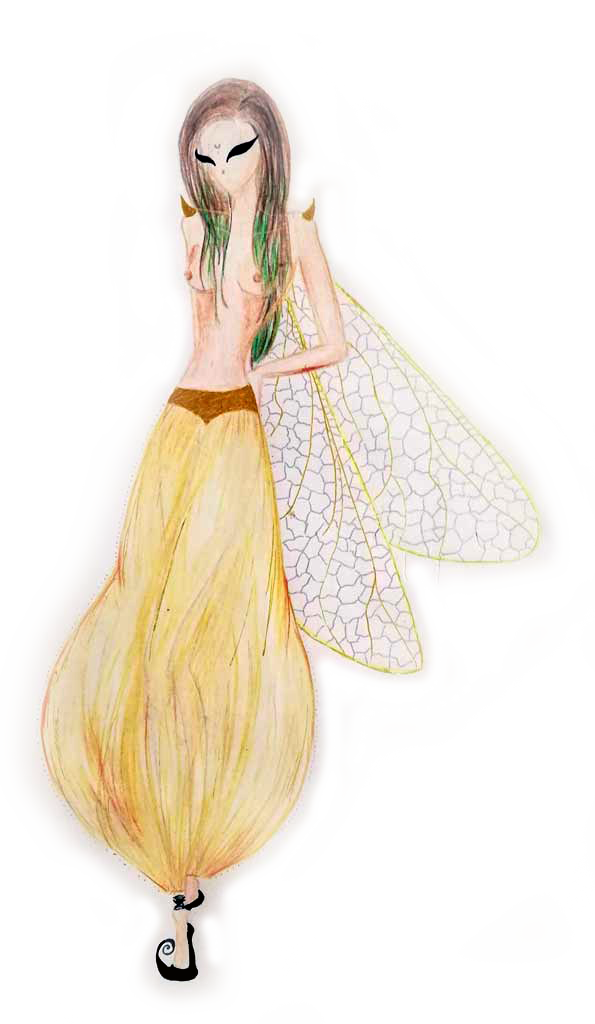 Illustration of a winged figure in a yellow skirt